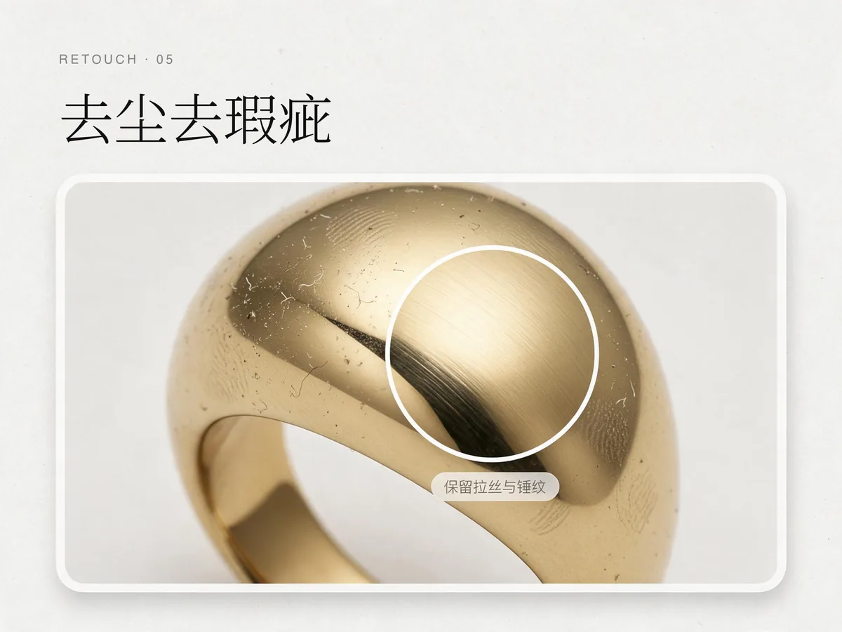 去尘去瑕疵:去掉灰尘、指纹、划痕与支架痕迹,保留刻面与纹理。