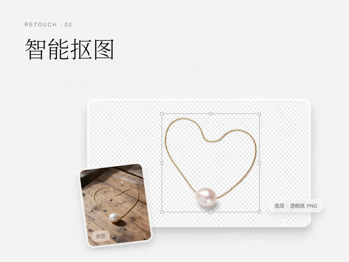 智能抠图:输出透明底 PNG,链条不断、浅色珠宝不多抠。