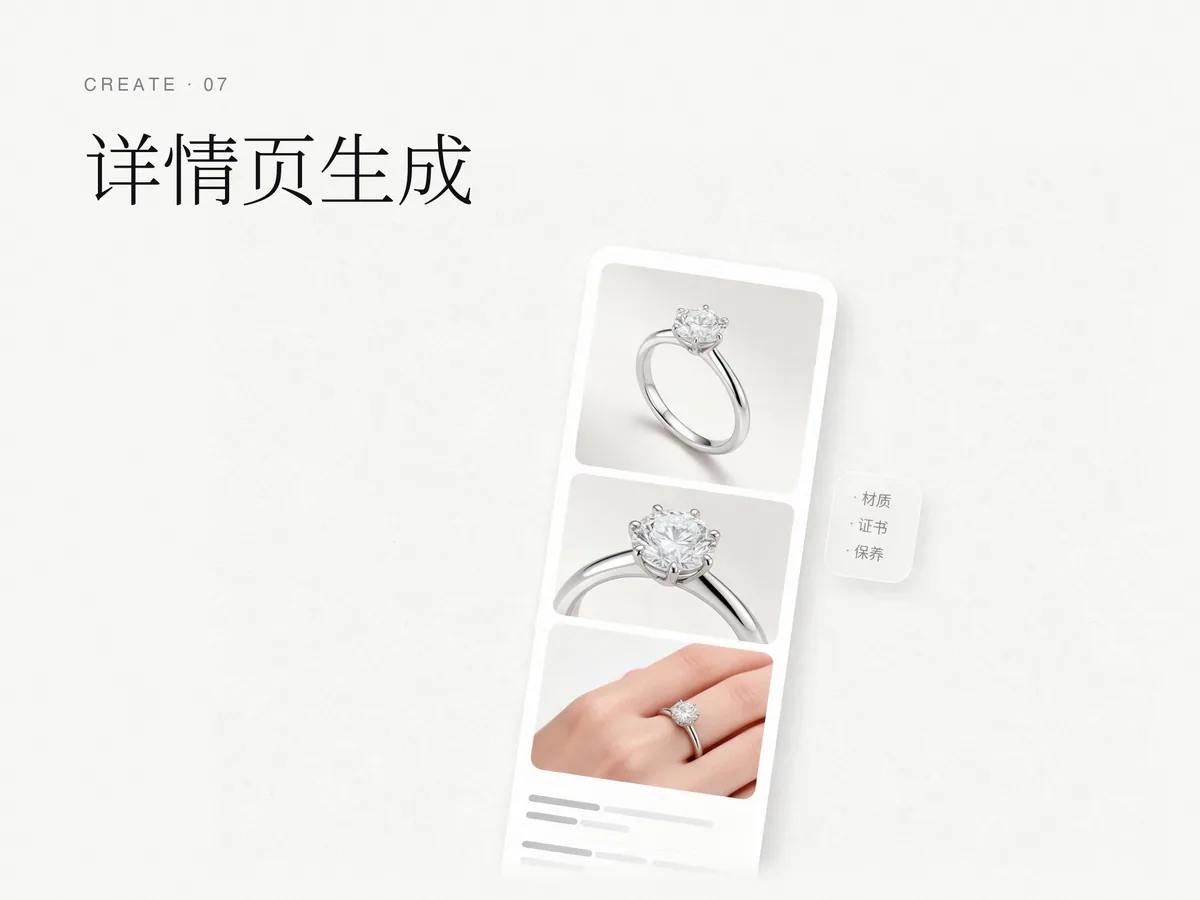 详情页生成:材质、证书、保养、场景合成一张长图详情页。