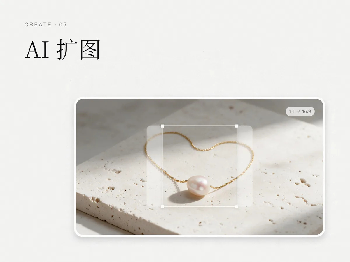 AI 扩图:往外扩画布,适合详情页长图、横幅与社媒竖版。