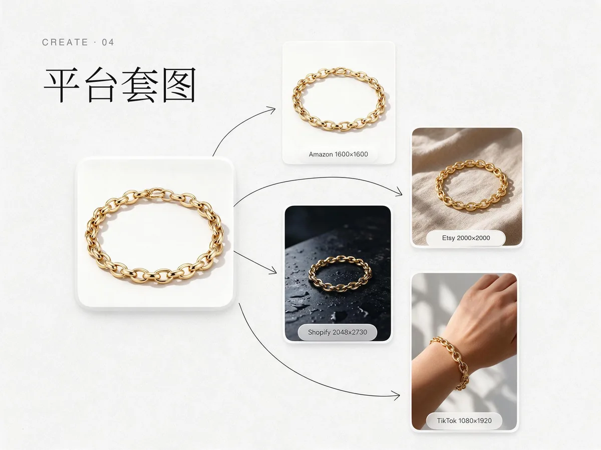 平台套图:按目标平台规范出主图或场景副图,一次一张、张张合规。